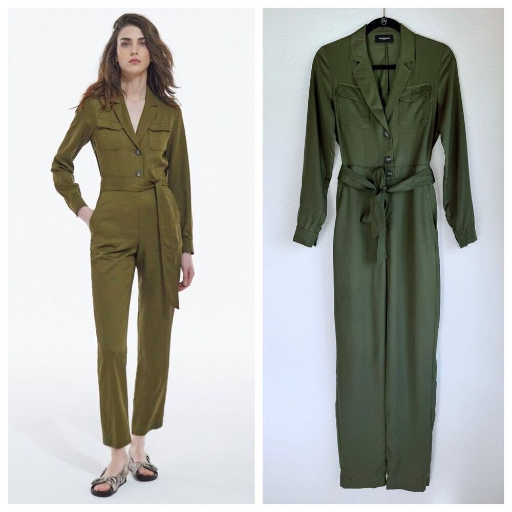 NEW The Kooples Long Sleeve Button Front Belted Jumpsuit in Army Green Size US4